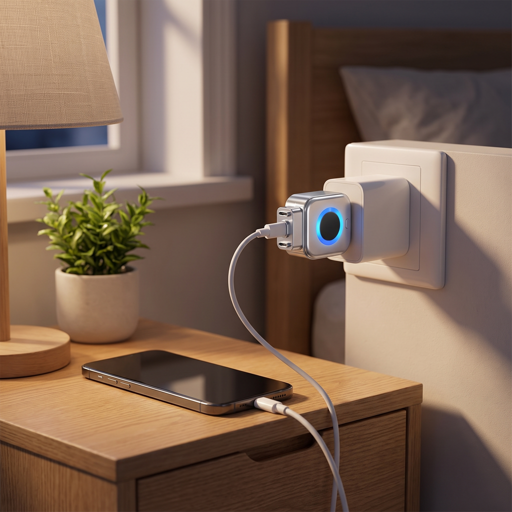Stop Charge branché sur une table de chevet pendant la charge de nuit