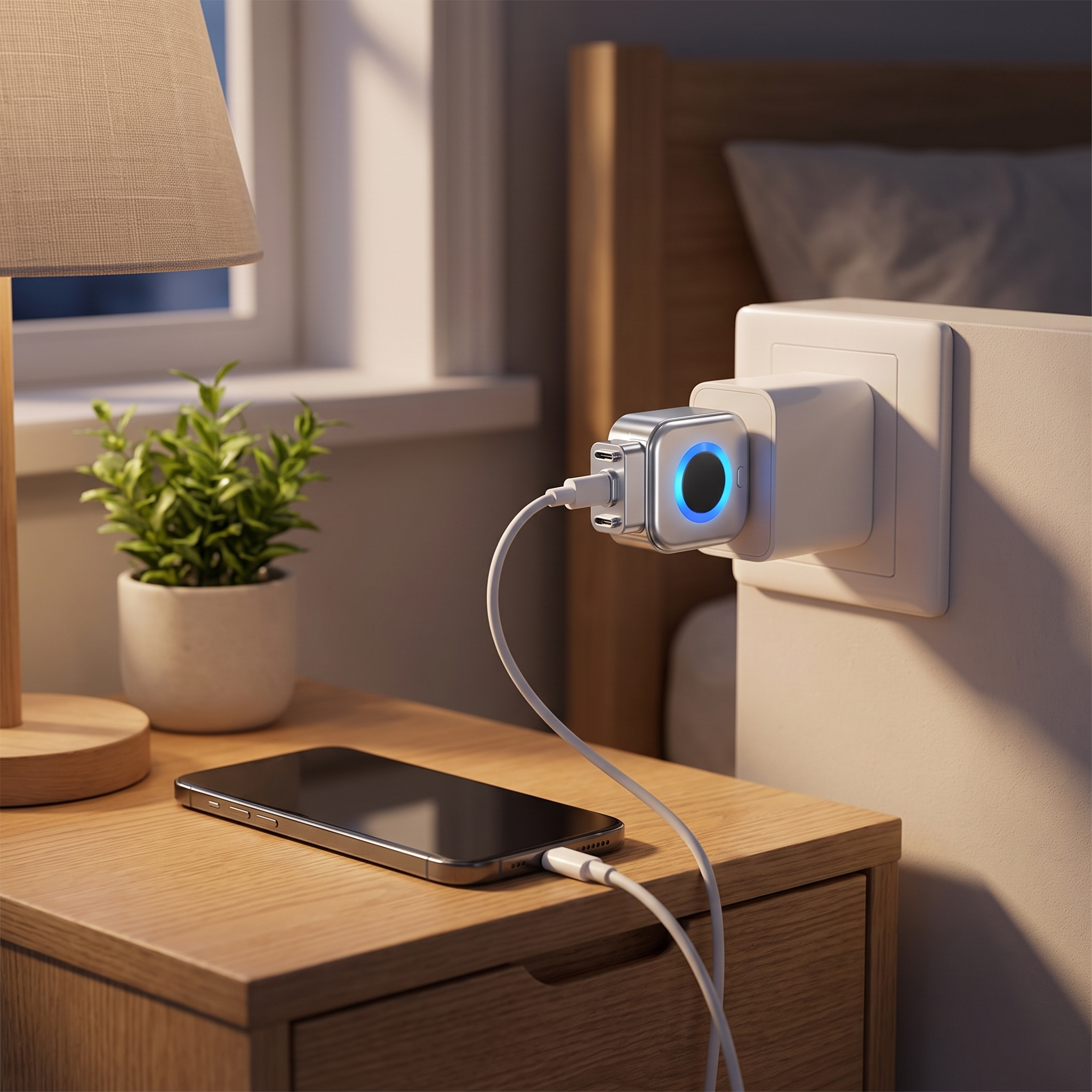 Stop Charge branché sur une table de chevet pendant la charge de nuit