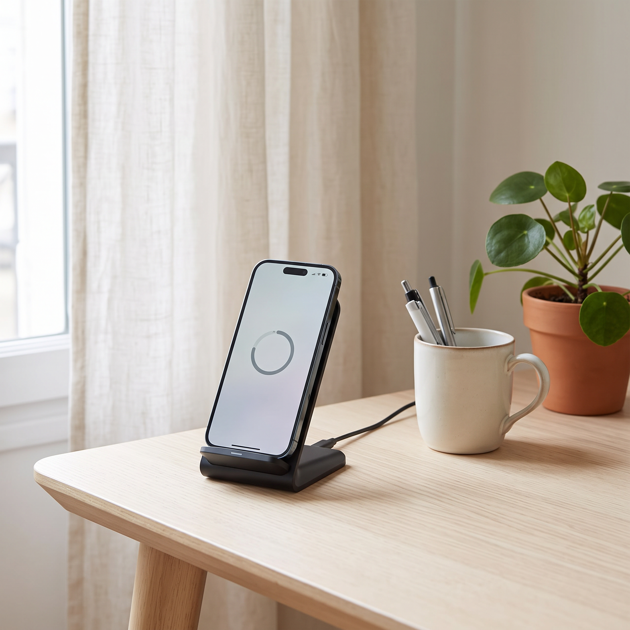 Socle Induction sur un bureau lumineux avec un téléphone en charge
