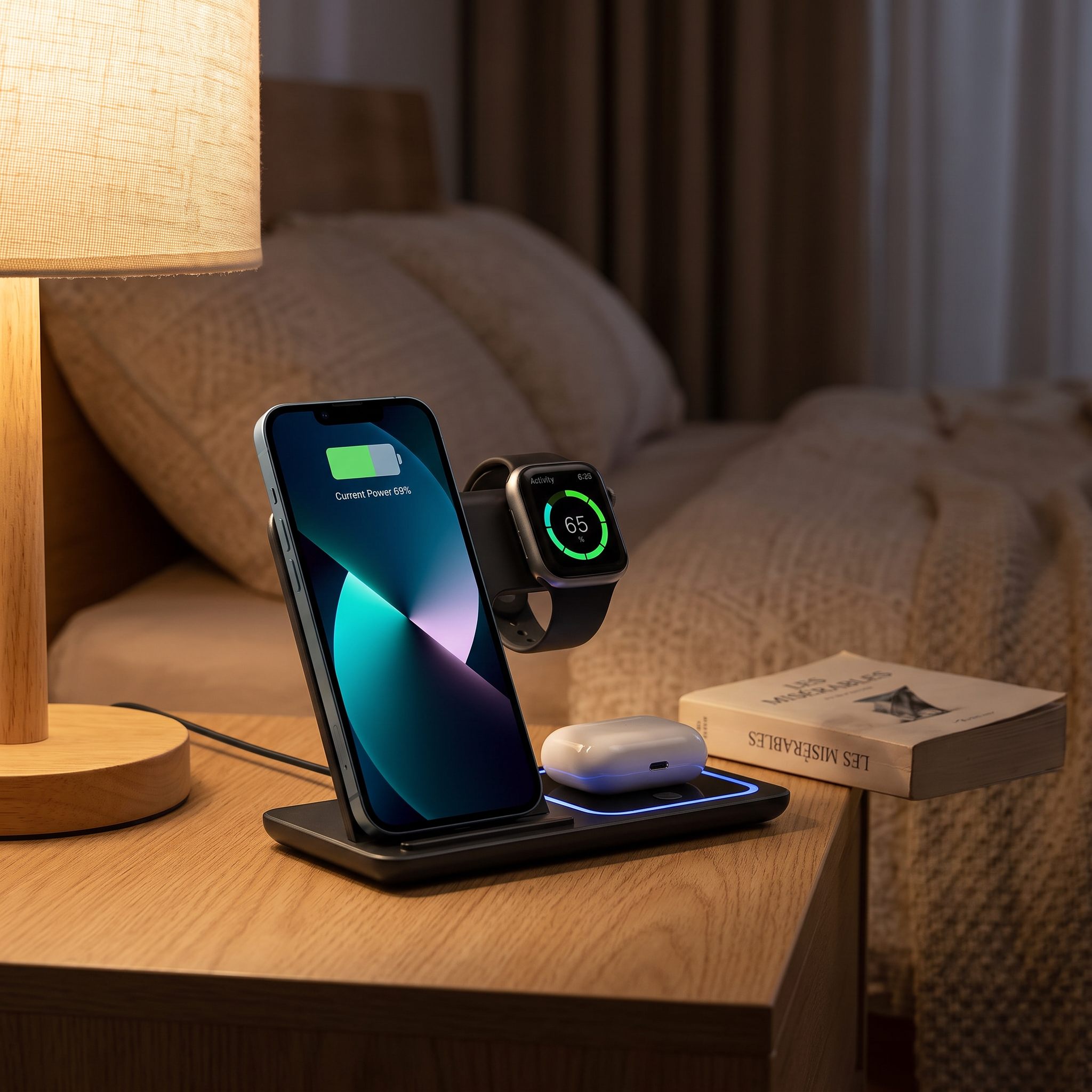 Station Trio LED sur une table de chevet la nuit