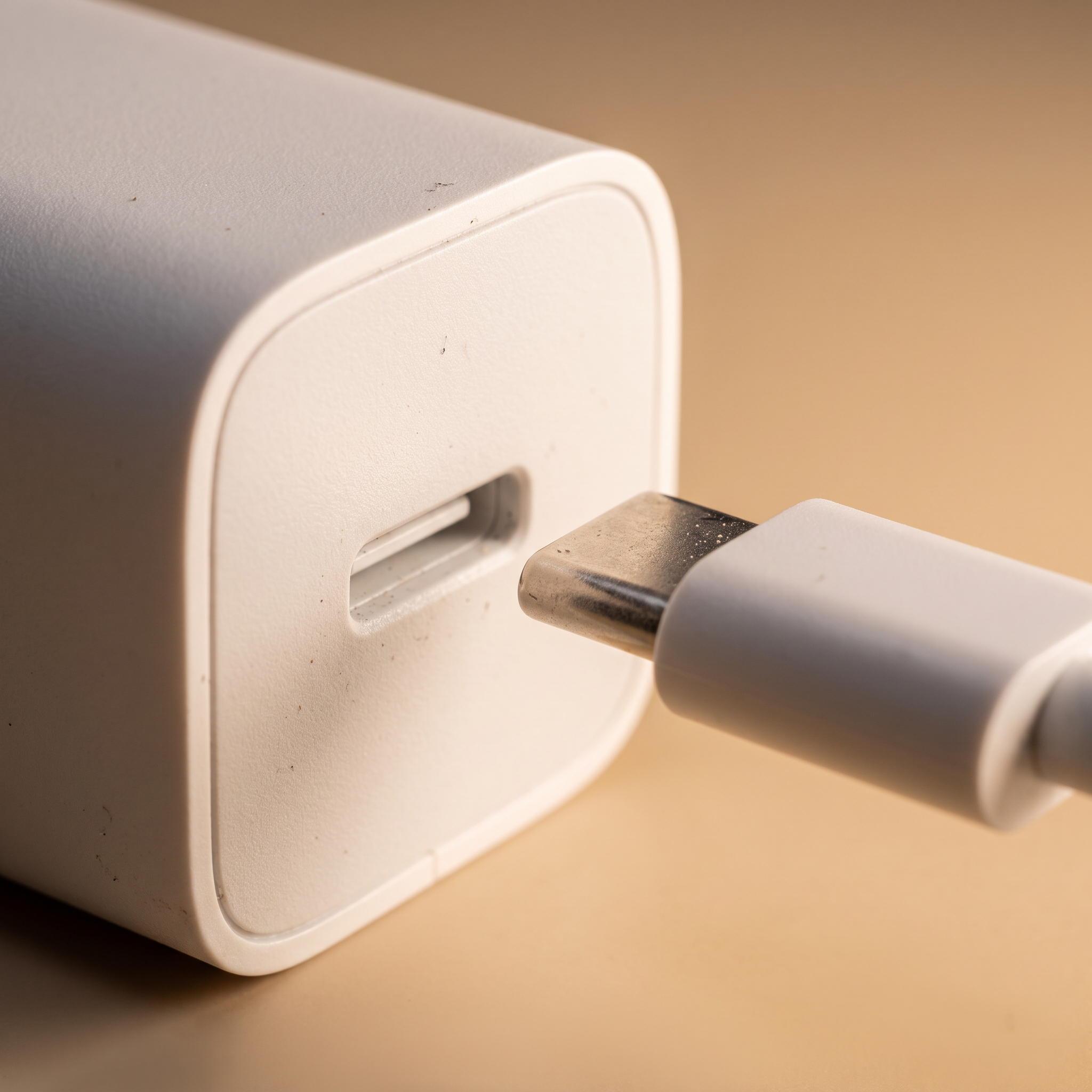 Gros plan sur le port USB-C du chargeur et le connecteur du câble