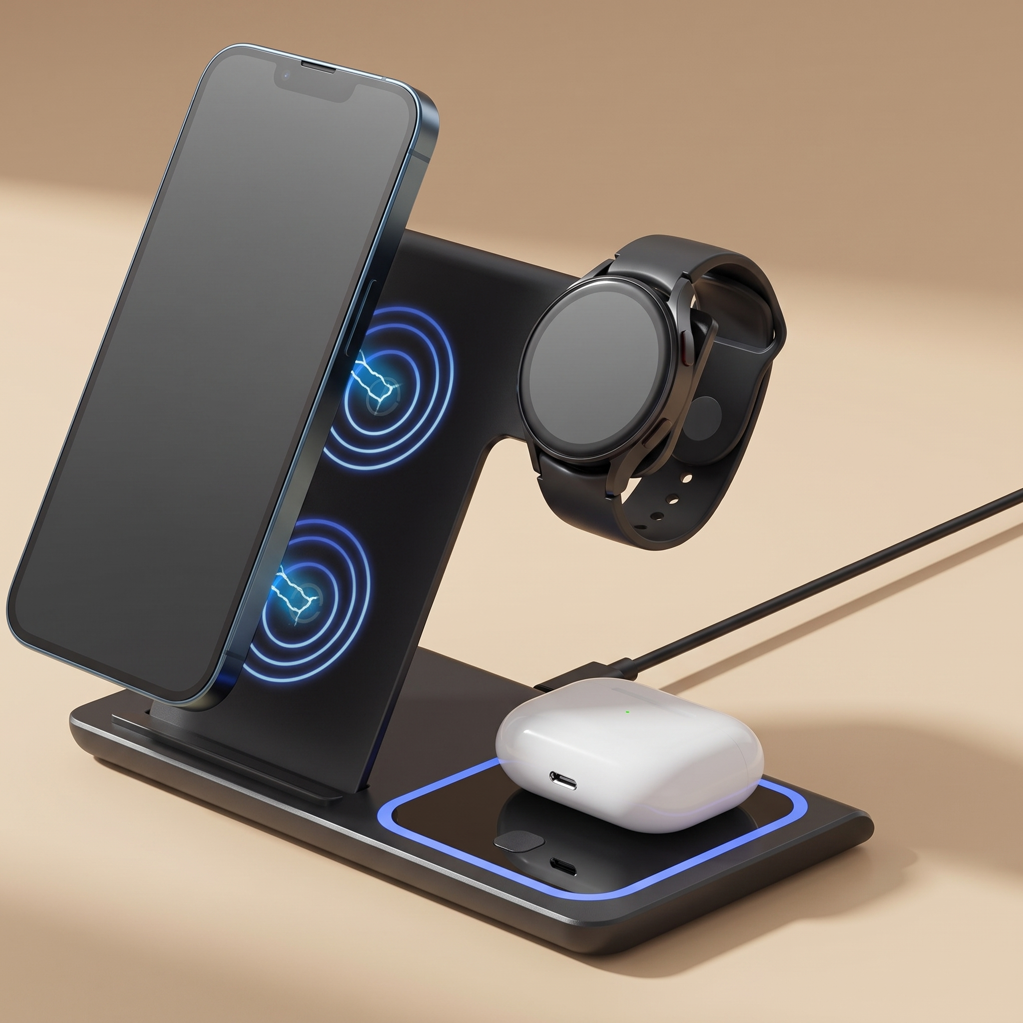 Téléphone, montre et écouteurs en charge simultanée sur la Station Trio LED