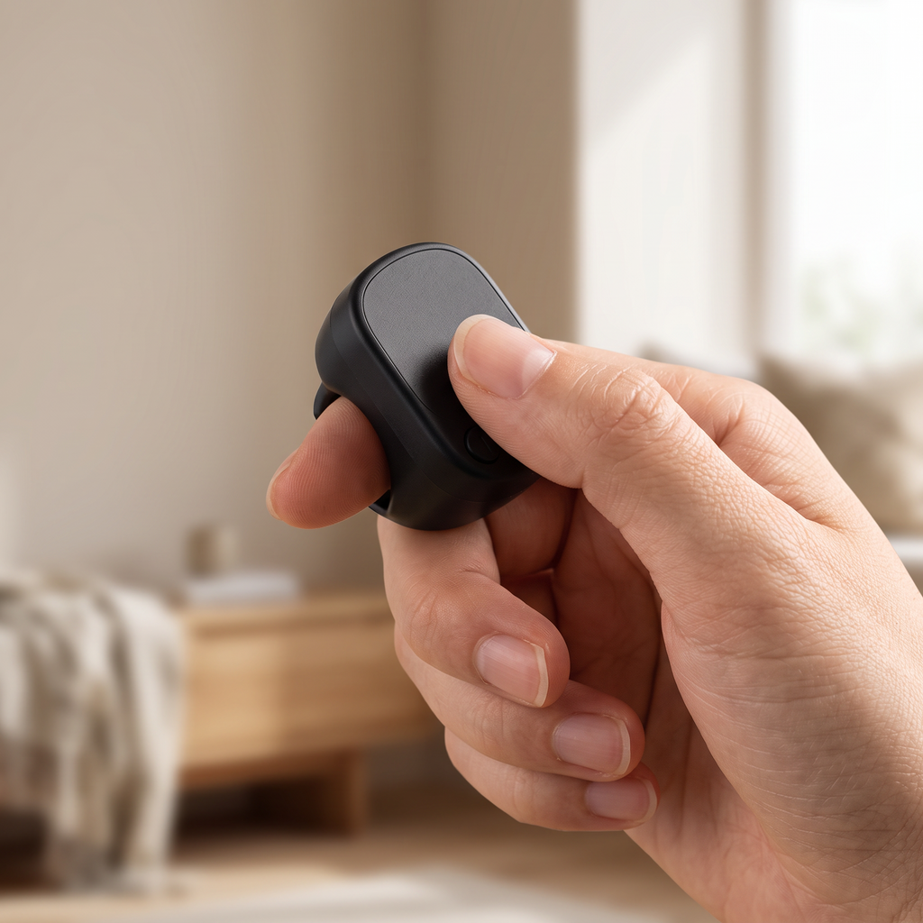 Bague Tactile portée au doigt, pouce sur la surface tactile