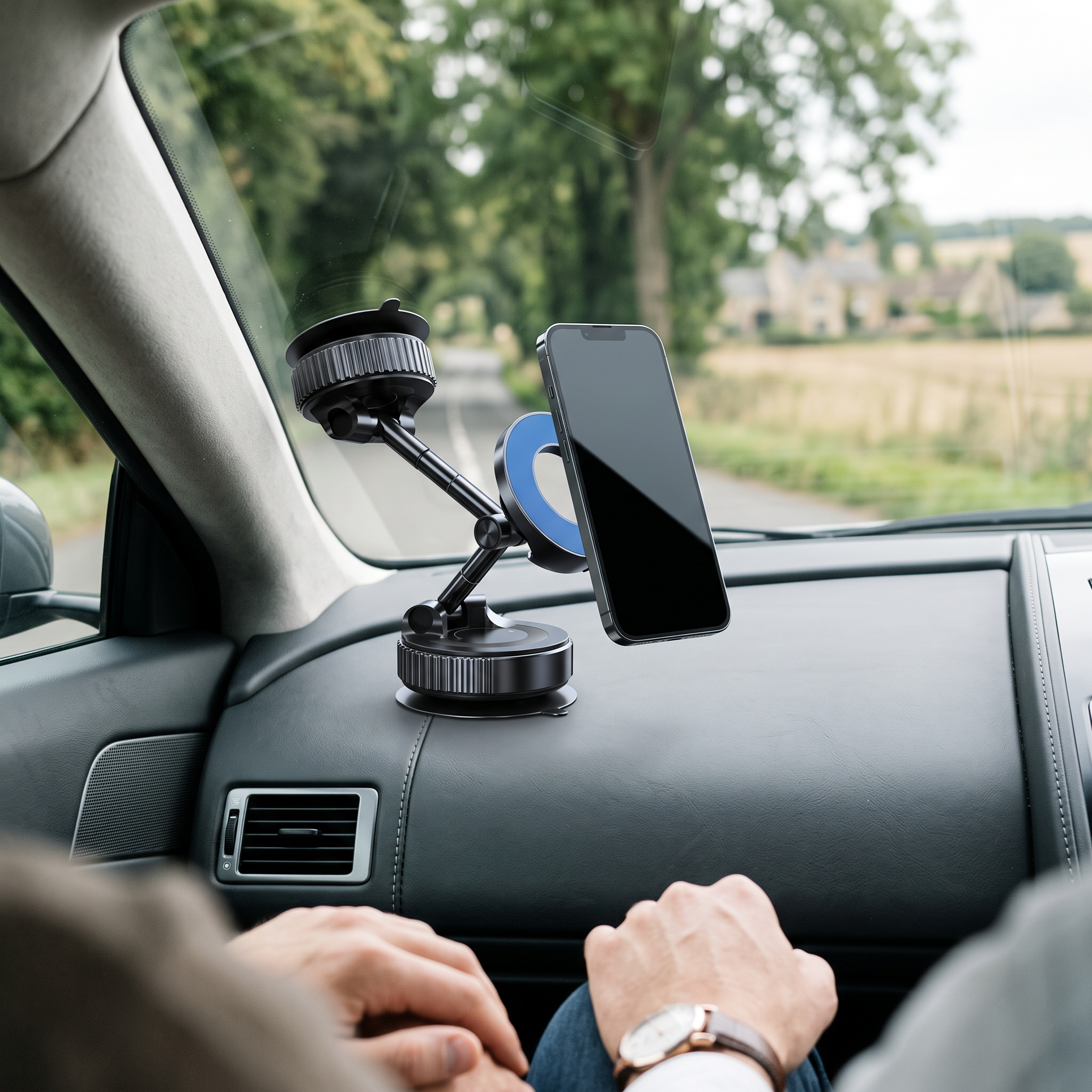 Support Voiture Kitmobile fixé au pare-brise avec un téléphone